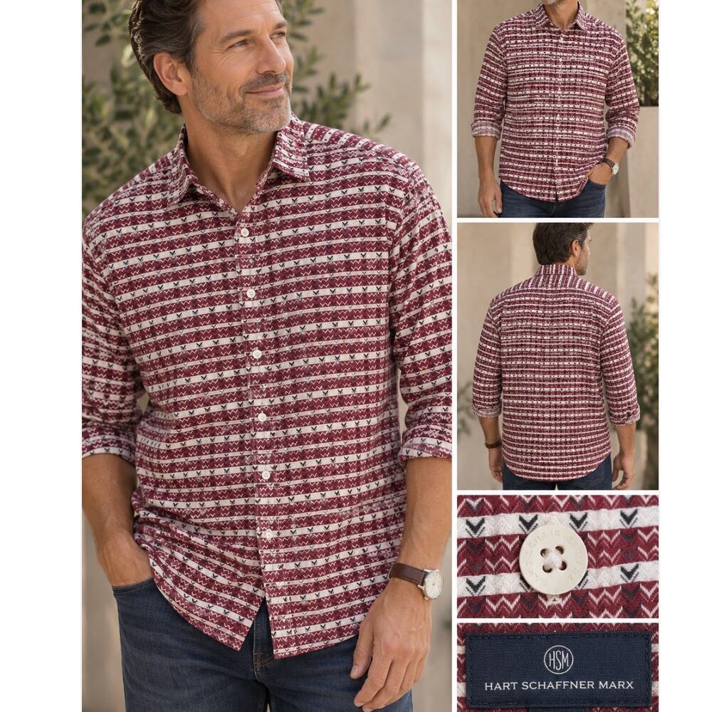Hart Schaffner Marx Shirt Mens XL 100% Cotton Textured Geometric Burgundy NWOT